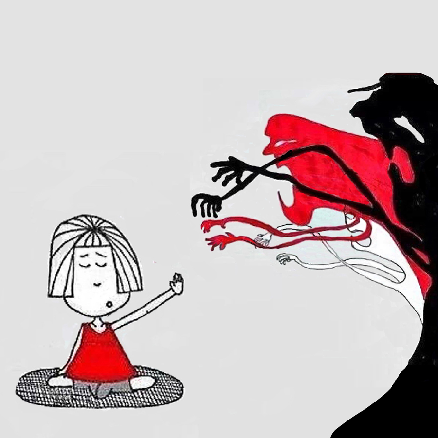 Cartoon of girl meditating and holding hand up rejecting monsters