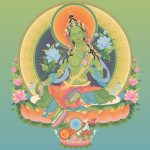 Beautiful image of Buddha Green Tara, with offerings