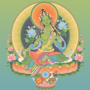 Beautiful image of Buddha Green Tara, with offerings