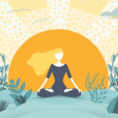 Drawing of blond woman meditating, looking very relaxed, in nature with sun behind