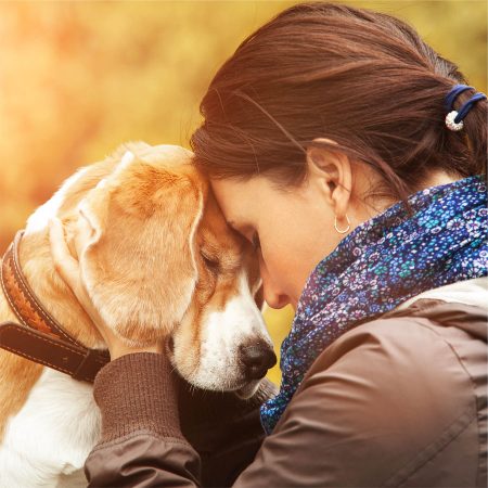 Woman and dog touching crowns - woman showing gratitude towards dog