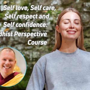 Beautiful young woman in nature - looking happy & serene, with course title & picture of Teacher Gen Kelsang Thekchen