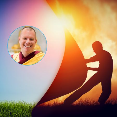 Man pulling aside cloudy sky to reveal clear blue sky